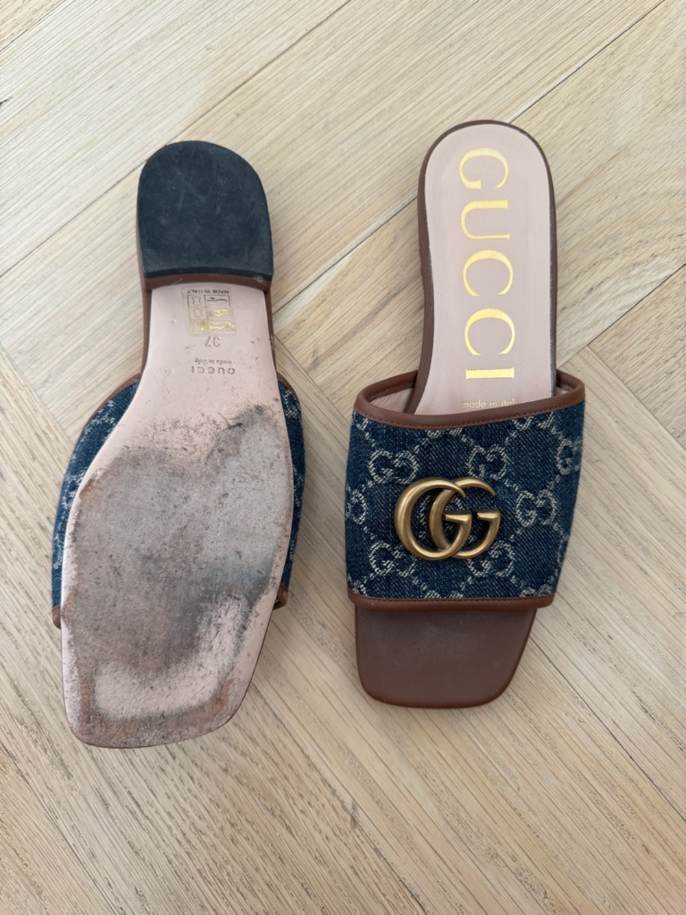 Gucci Denim GG Marmont Slides with Brown Leather Trim